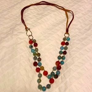 Necklace, sterling silver, leather and beaded